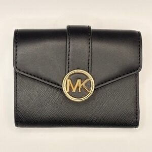 Michael Kors Black Leather Trifold Wallet Gold MK Logo Medallion Snap Closure